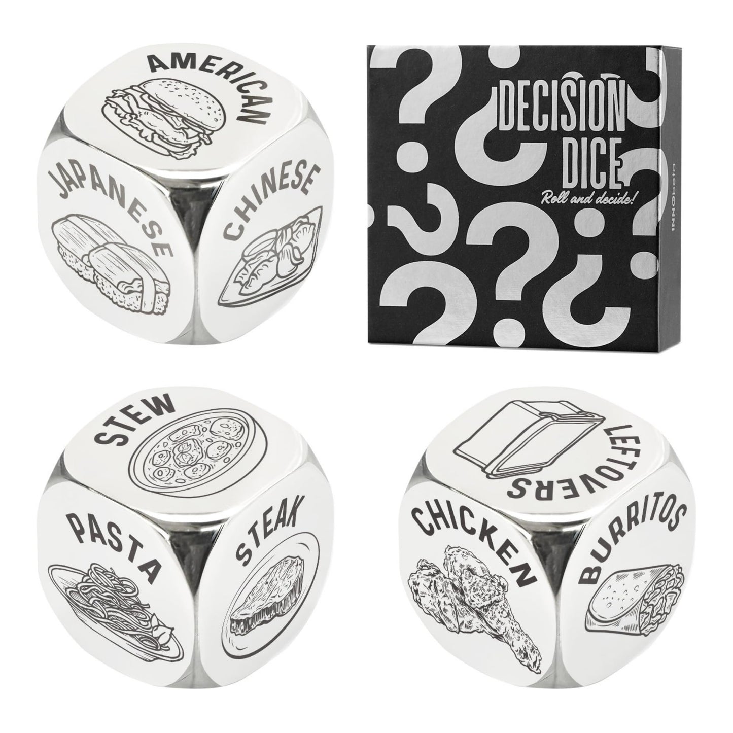 InnoBeta Food Dice Game - 3 PCS Stainless Steel Decision Dice for Couples, Date Night, Anniversary, Christmas Gift