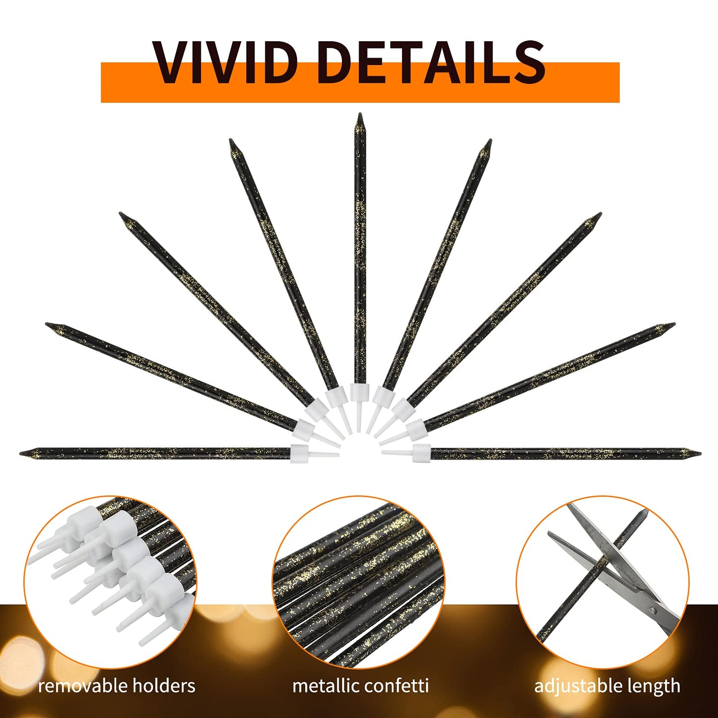 Nuanchu 24 Pieces Black Gold Birthday Cake Candles Long Thin Cupcake Candles Metallic Cake Toppers Candles for Birthday Wedding