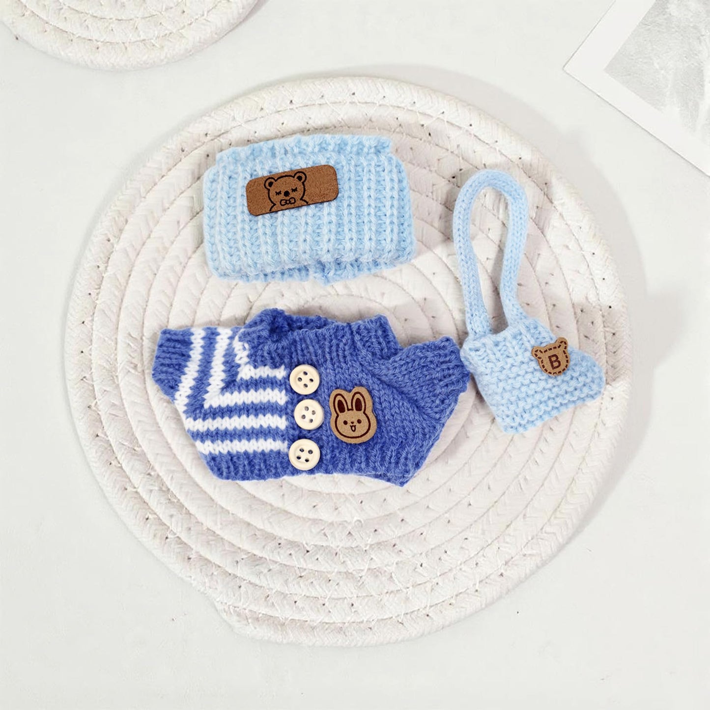 Clothes for 17cm Doll (NO Doll)  Handcrafted Crochet Outfits for 17cm Dolls with Accessories  Boy and Girl 3-Piece Clothes Set  Cute Stylish Clothing with hat and Bag for Dolls Dress up (Blue)