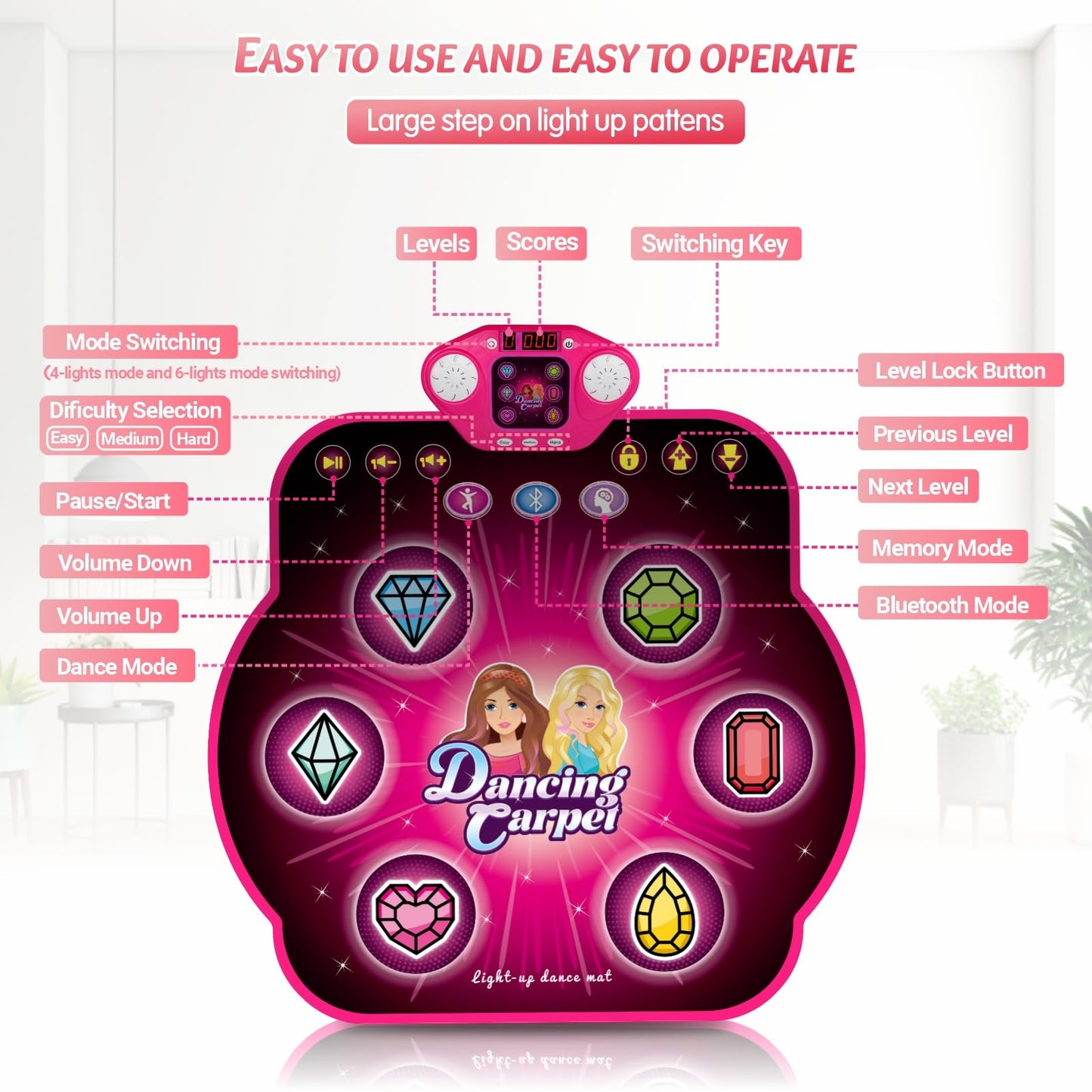 Dance Mat Toys For 3-12 Year Old Kids,Electronic Dance Pad With Light-Up 6-Button & Wireless Bluetooth, 5 Game Modes Princess Dancing Mat, Birthday Xmas Gifts For 3 4 5 6 7 8 9 10+ Year Old Girls