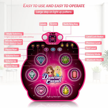 Dance Mat Toys For 3-12 Year Old Kids,Electronic Dance Pad With Light-Up 6-Button & Wireless Bluetooth, 5 Game Modes Princess Dancing Mat, Birthday Xmas Gifts For 3 4 5 6 7 8 9 10+ Year Old Girls