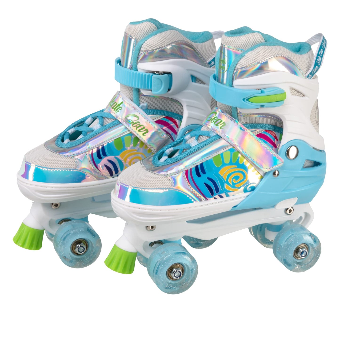 Skate Gear Rainbow Adjustable Light Up Inline/Quad Roller Skates For Girls And Boys (Blue - Quad, Large)