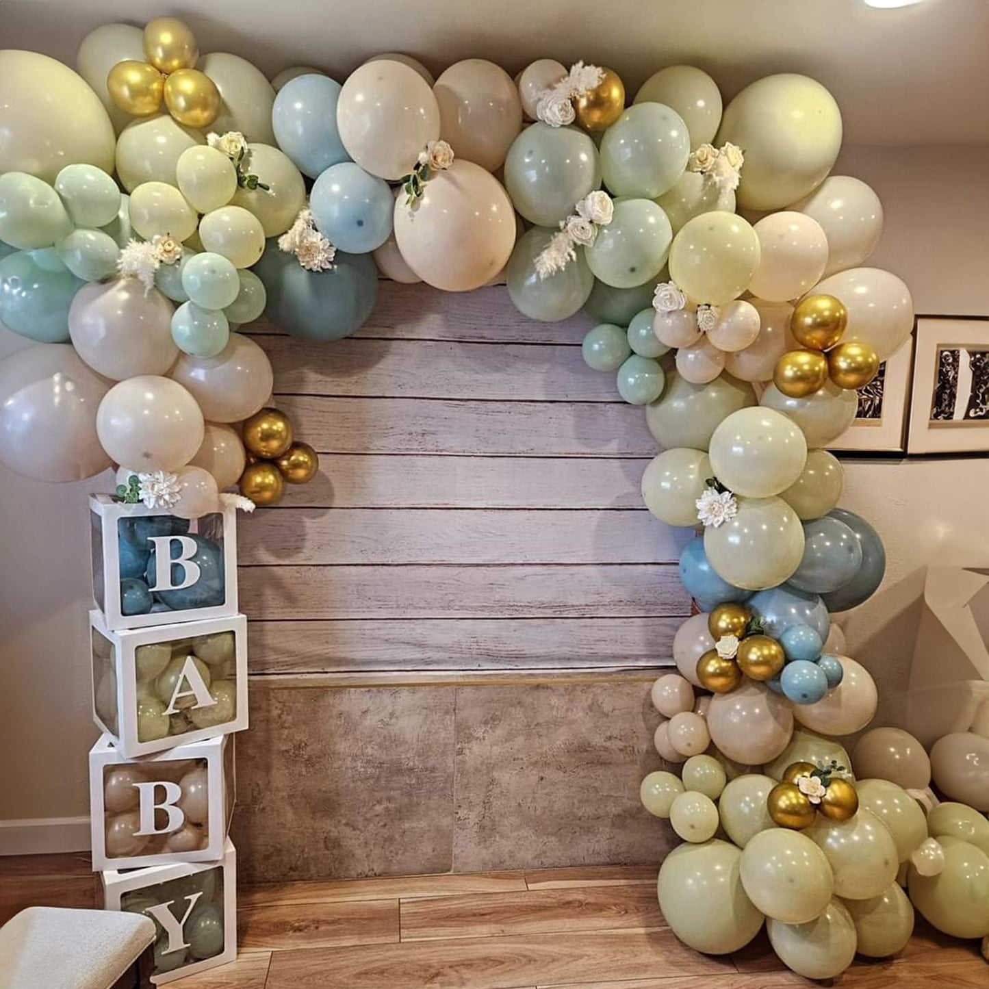Dusty Green Blue Balloon, 60 Packs 12 Inch Sage Green Blue Balloon With Haze Fog Blue Sand White And Gold Balloons For Jungle Sa