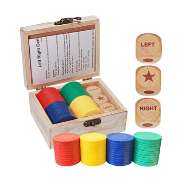 Left Right Center Dice Game Set, 3 1-Inch Wood Dice And 48 Thicker Chips In Wooden Storage Box, Portable Travel Dice Games For F