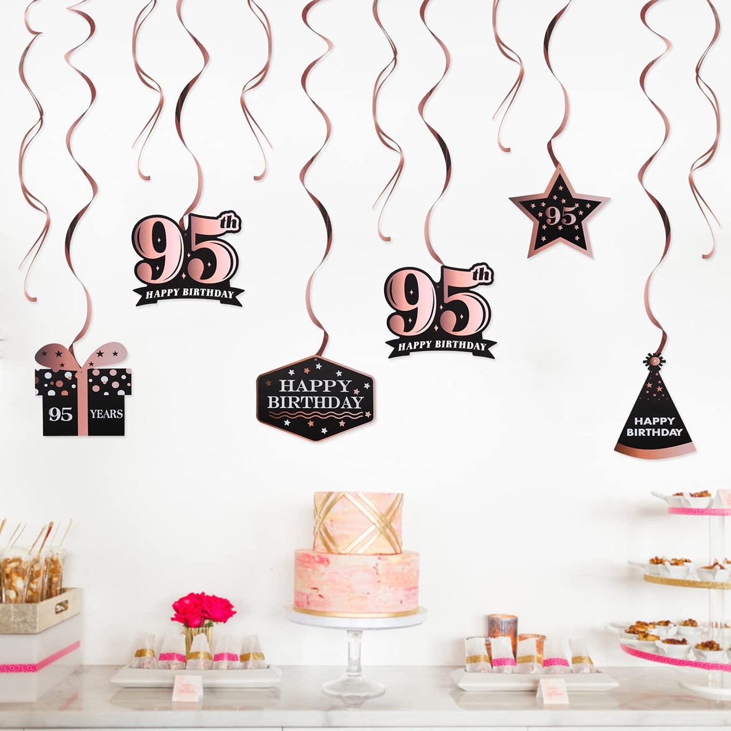LINGTEER Happy 95th Birthday Rose Gold Swirls Streamers - Cheers to 95th Birthday 95 Years Old Bday Party Hanging Decorations.