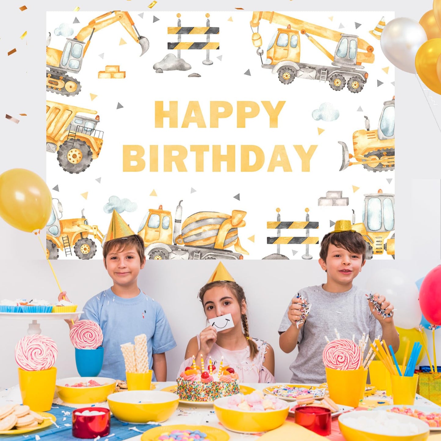 Mocsicka Dump Truck Birthday Backdrop 7x5ft Vinyl Party Banner for Kids - Multicolor