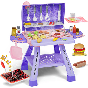 Newest Kids BBQ Grill Playset, Outdoor Cooking Sets with Smoke, Sound&Light, Toy Grill for Girls, Pretend Food Hamburger, Kitche