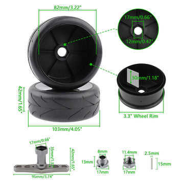 Rchobbytop 1:8 RC Buggy Tires & Wheels & Adaptors & Wrench, Street Tyre 17mm Drive Hub Hard Dish Wheel for On Road Racing Kyosho