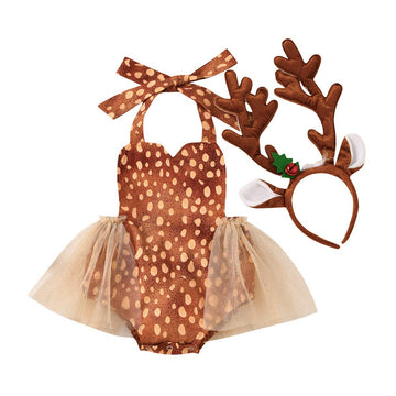 Baby Deer Costume Toddler Reindeer Costume Newborn 1St Christmas Outfit Girl Romper Reindeer Antlers Headband Xmas Holiday Photo Shoot Halloween Dress Up Cosplay Costumes Brown - Reindeer 0-3 Months