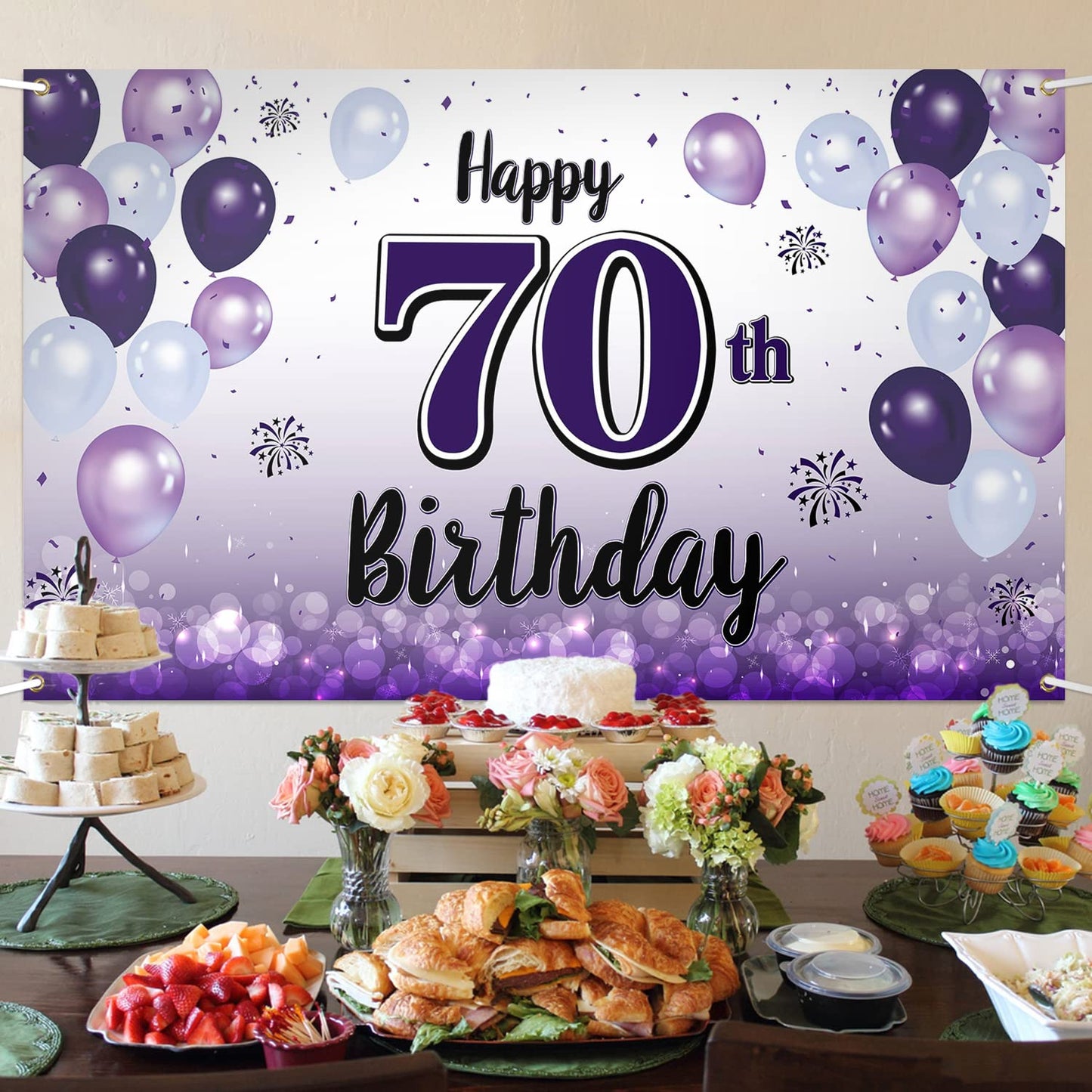 LASKYER 70th Birthday Decorations - Purple Balloon Banner, Polyester Backdrop Sign, Cheers to Seventy Years, Model P-BH-70