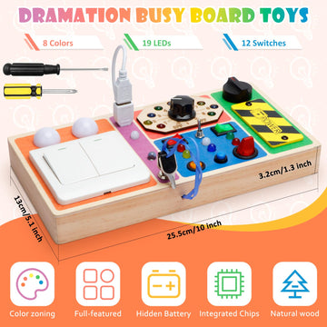 Dramation Montessori Busy Board Toys For 1-3 Years Old, Wooden Busy Board With 19 Led Lights, Switch And Button Board Toys, Sens