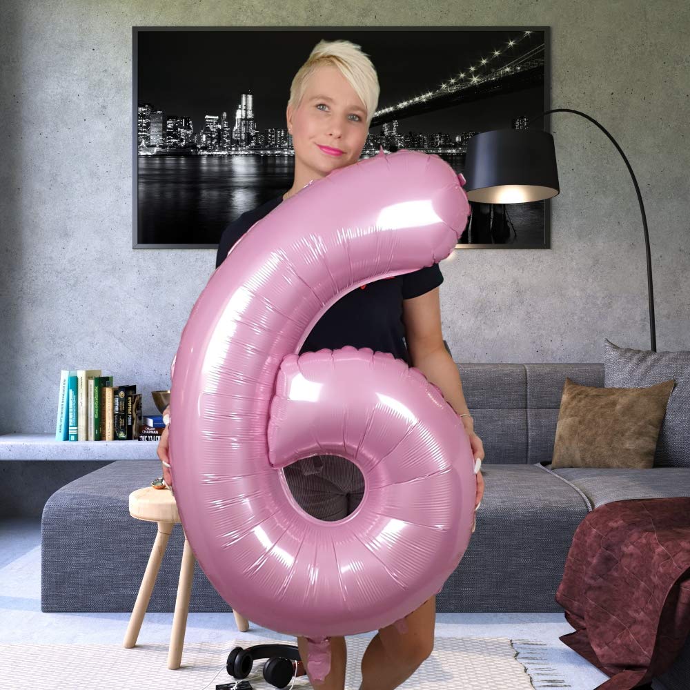 DIWULI 40 Inch Pastel Pink Number 6 Balloon - Large Foil Balloon for 6th Birthday Party Decorations, XX-Large Size