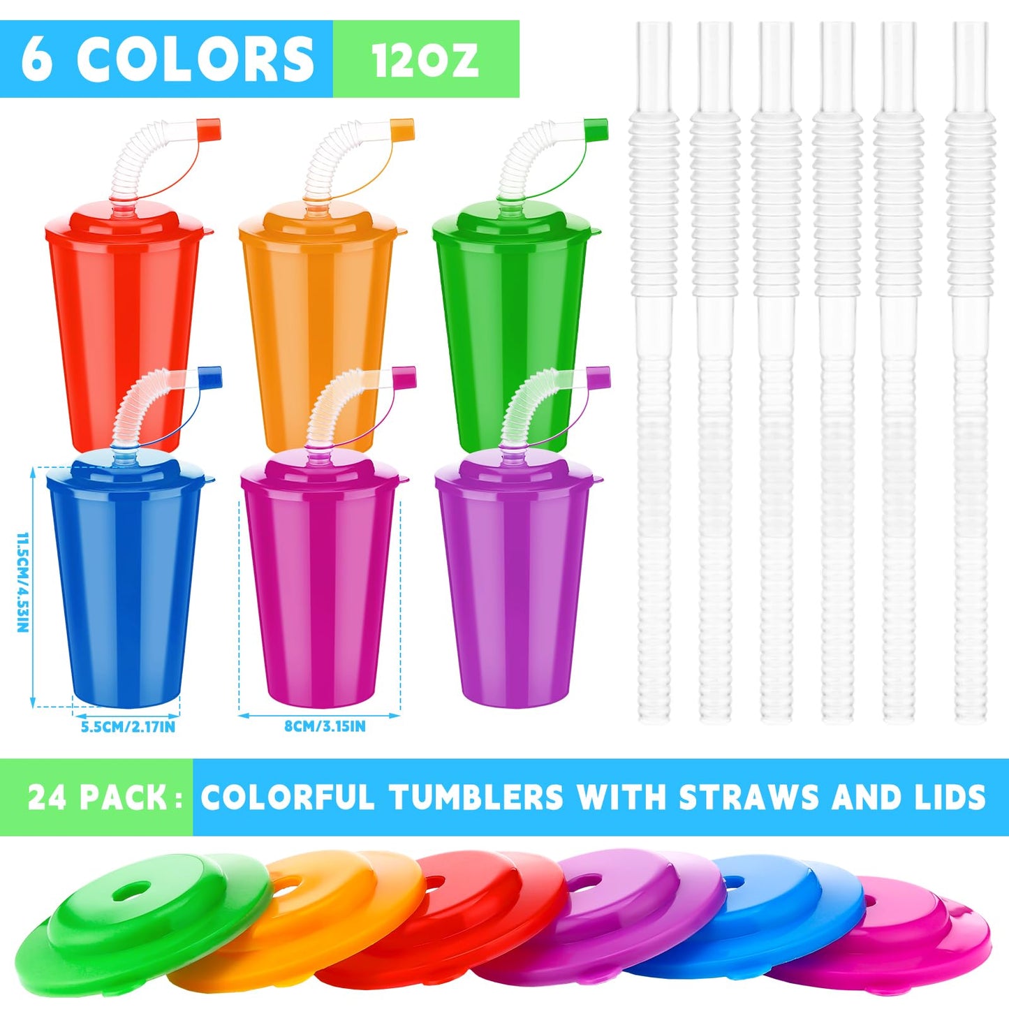 Zubebe 24 Pcs Neon Straws Cups 12 oz Colorful Neon Cups with Sipper and Lids Plastic Favor Reusable Straw for Birthday Party Eve