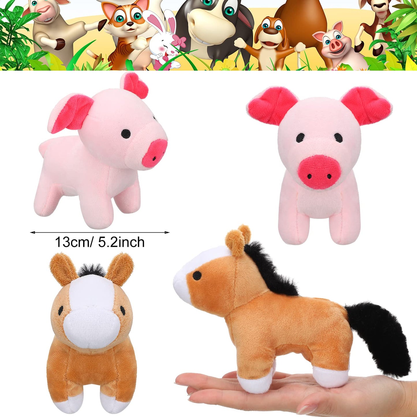 Kasyat 6 Pieces Mini Plush Furry Farm Animal Toys Soft Horse Pig Cattle Rabbit Dog Sheep Doll Stuffed Plush Farm Animals For Christmas Stocking Stuffers Birthday Party Decoration(Animals)
