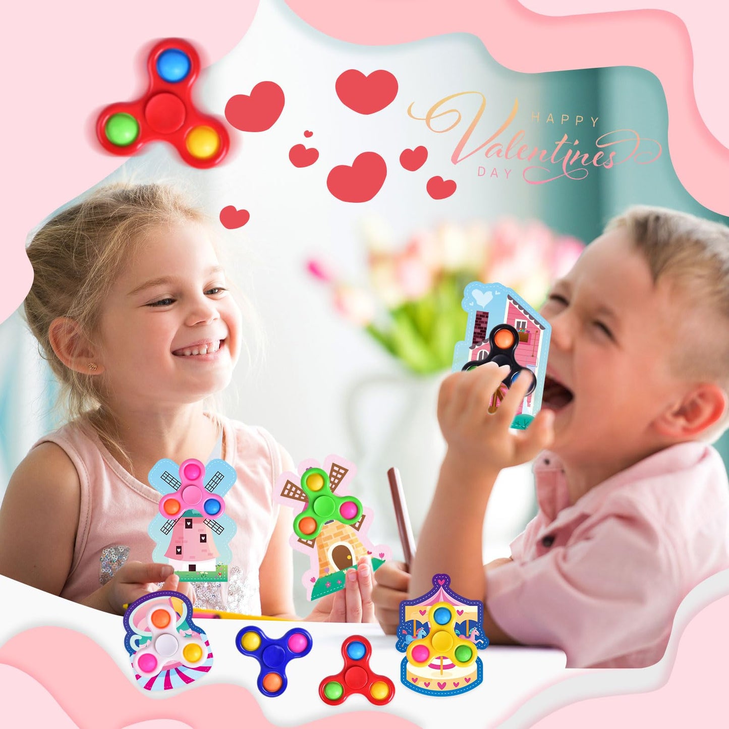 Fun Little Toys 32Pcs Valentines Cards Gift With Fidget Finger Spinner Pop, Valentine'S Day Kids School Classroom Stress Relief