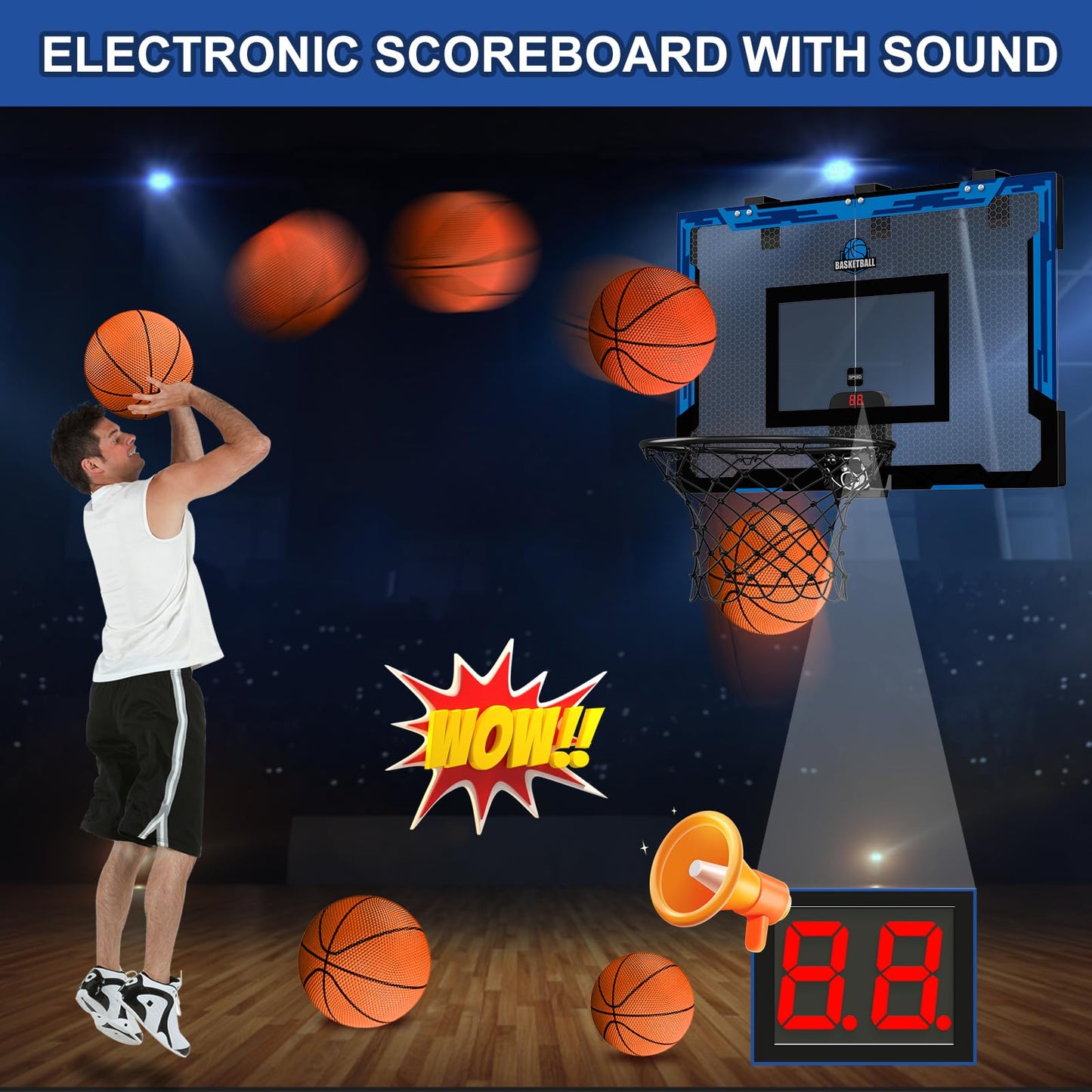 HYES 24 x 16 Large Basketball Hoop Indoor for Adults, Over The Door Basketball Hoop with Sturdy Backboard, Big Basketball Toys G