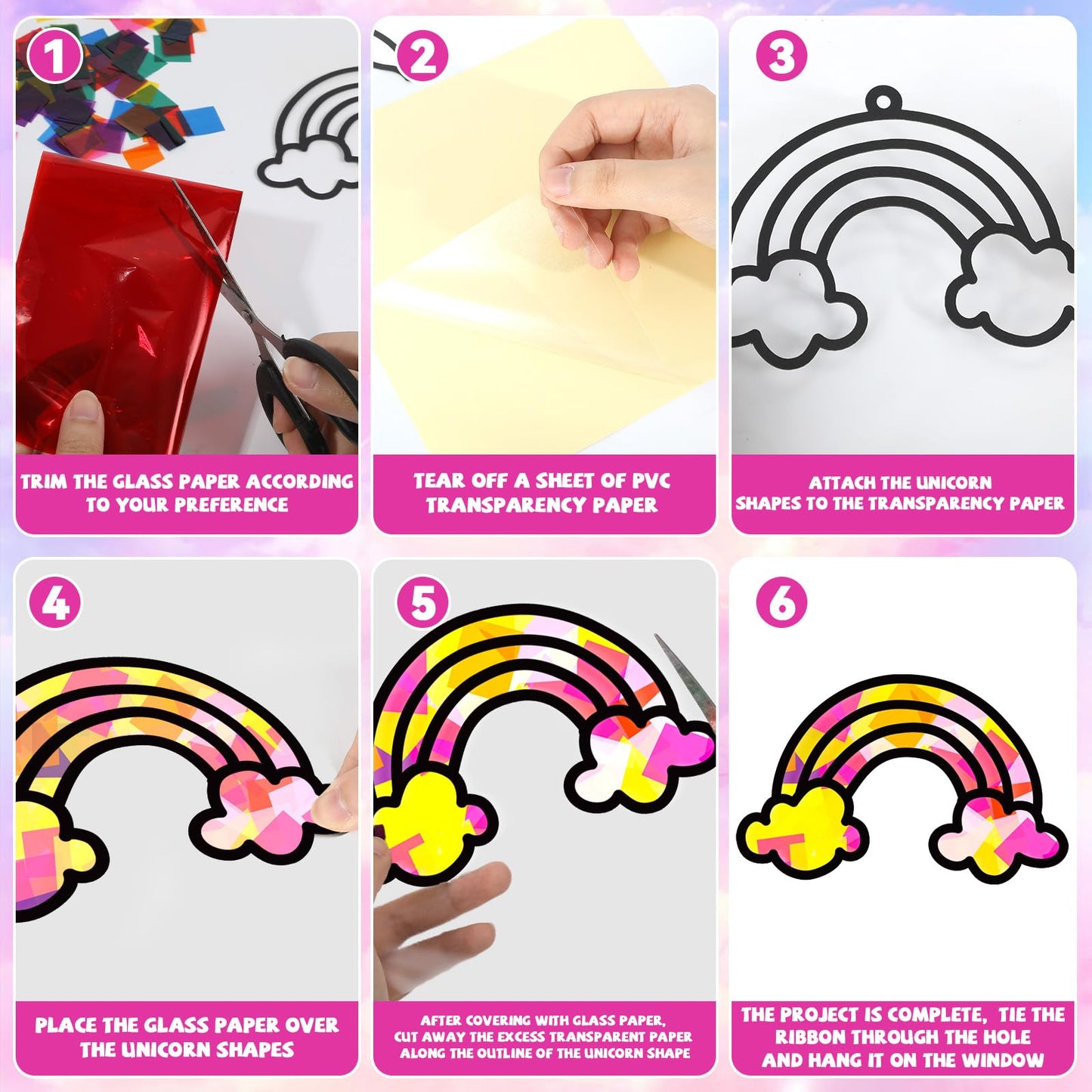 QOUBAI 32 Sets Unicorn Rainbow Suncatchers Craft Kit DIY Window Stained Glass Effect Diamond Star bow Paper Crafts Home School C