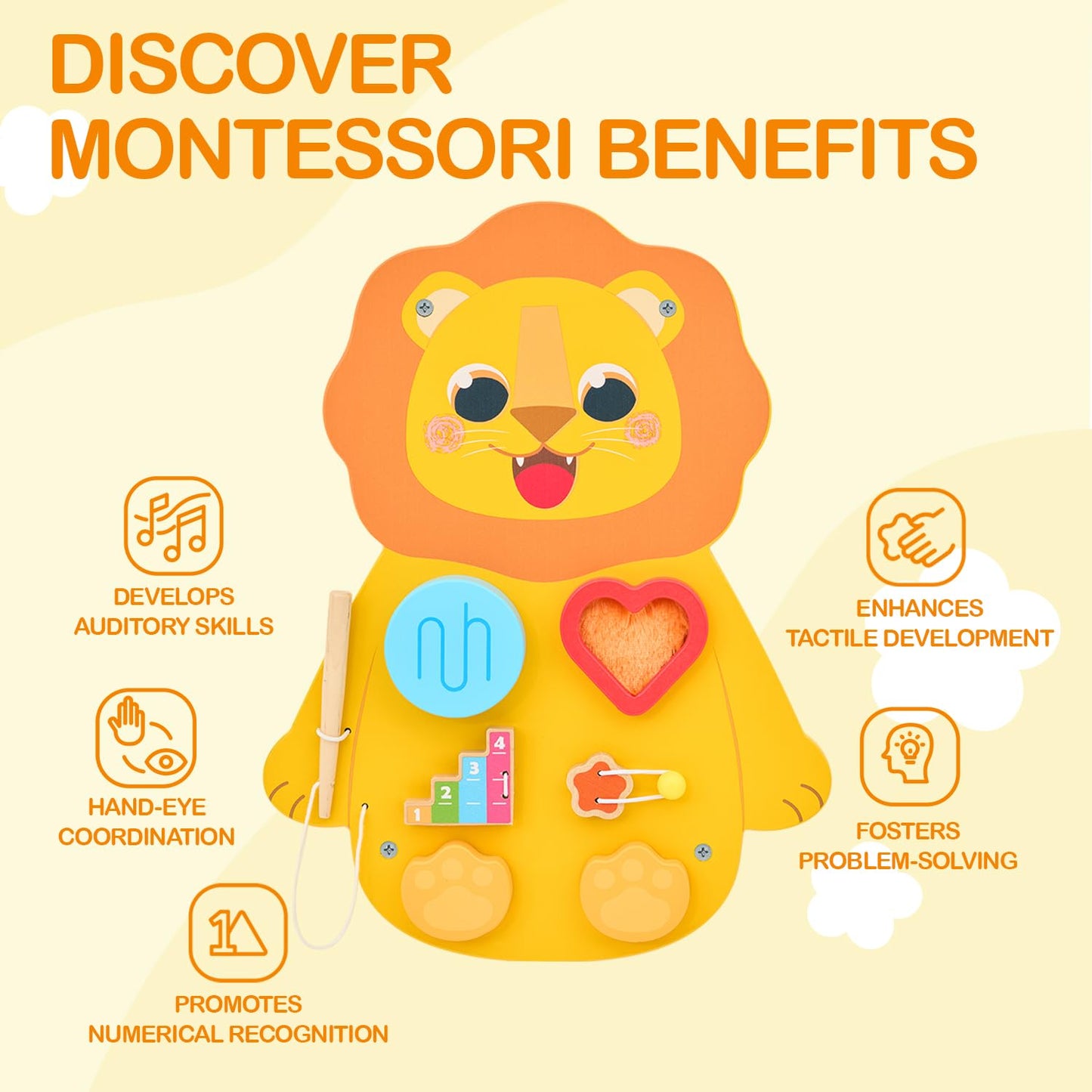 Monlurd Wooden Lion Sensory Wall Toy, Busy Board For Toddlers, Montessori Sensory Wall Panel For Kids, Ideal For Classroom, Play