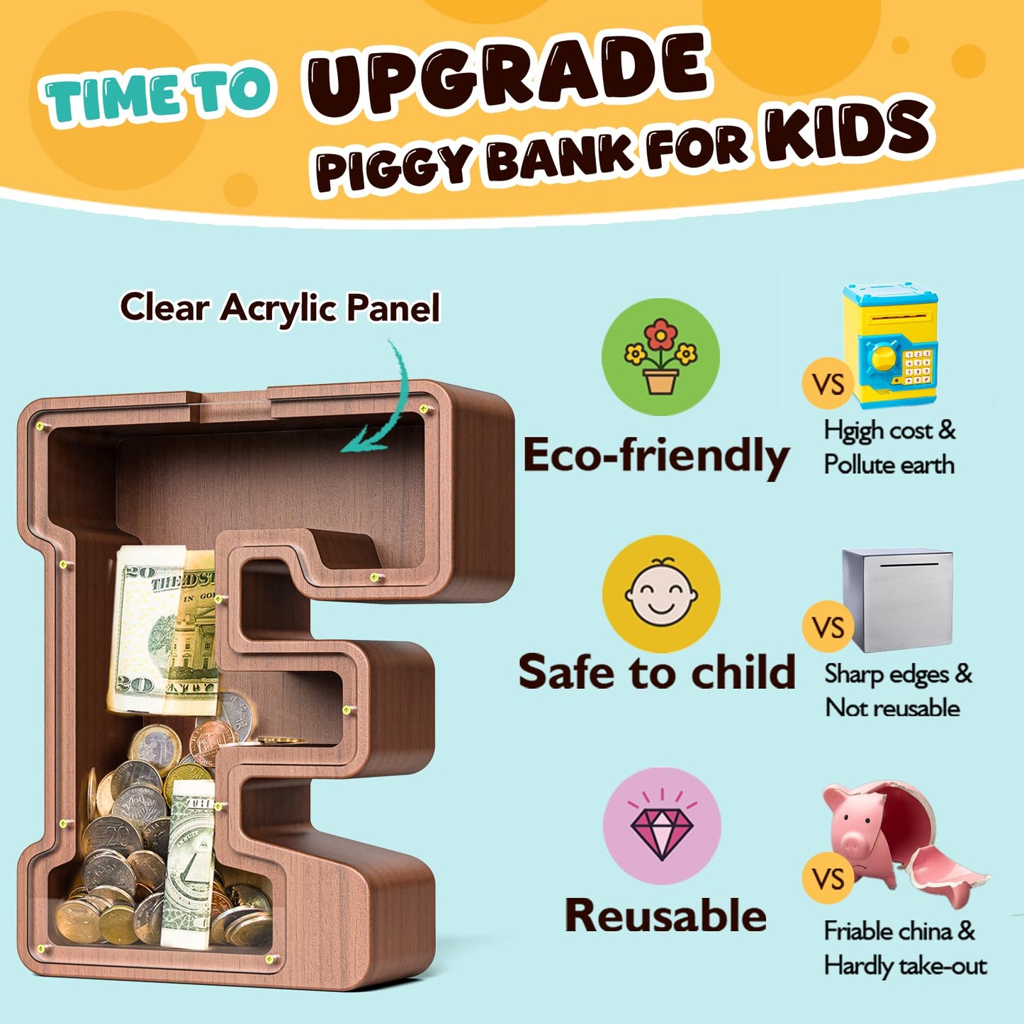 Summidate Wooden Letter Piggy Bank  Extra Thick Large Capacity Piggy Bank for Kids Boys Girls Toddler  Alphabet F Money Bank| Coin Box Birthday  Christmas  Festival