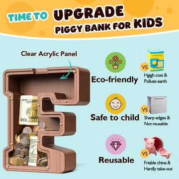 Summidate Wooden Letter Piggy Bank  Extra Thick Large Capacity Piggy Bank for Kids Boys Girls Toddler  Alphabet F Money Bank| Coin Box Birthday  Christmas  Festival