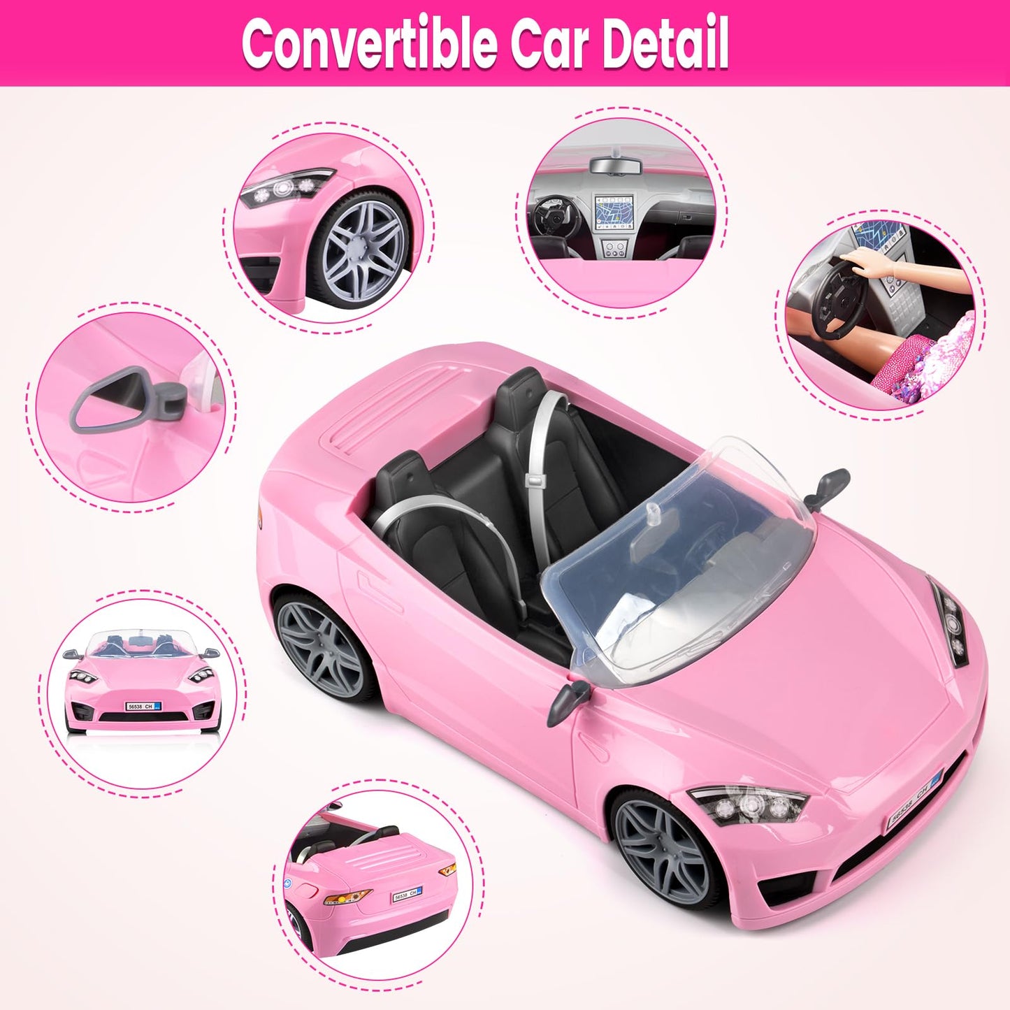 76 Pcs Doll & Convertible Car Playset,Included 11.5 In Doll,Doll Car,Princess Dresses,Fashion Dresses,Casual Clothing,Swimsuits,