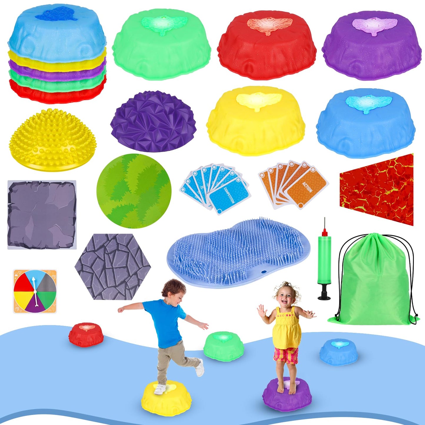 Ivenrxiu Stepping Stones For Kids, Balance Stepping Stone Kit With Light Up Jumping Stones, Balance Pods, Non Slip Mat, Obstacle