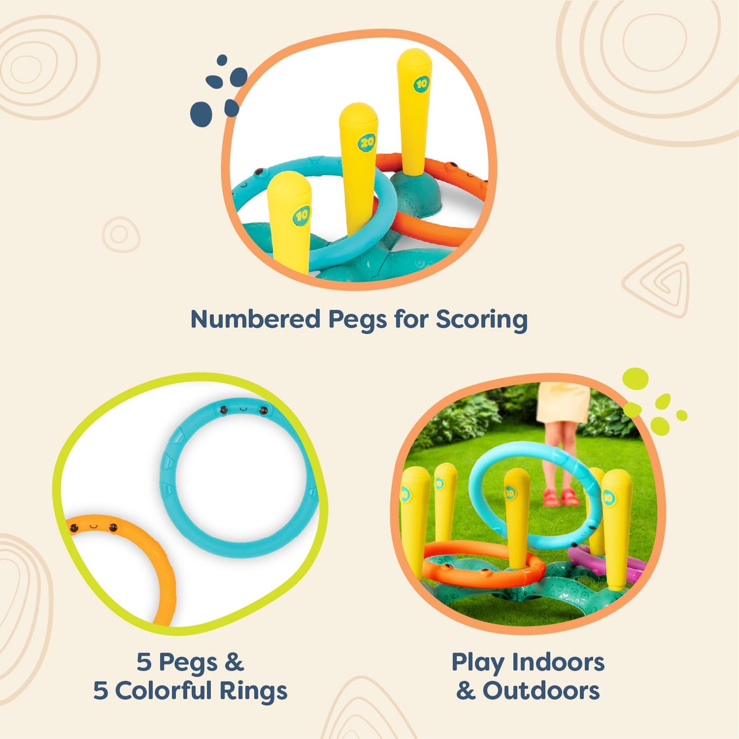 B. toys Ring Toss Game - Indoor & Outdoor - 12 Pieces - 5 Colorful Rings - 11.5 x 4 x 20 inches - For Toddlers 3+ Years