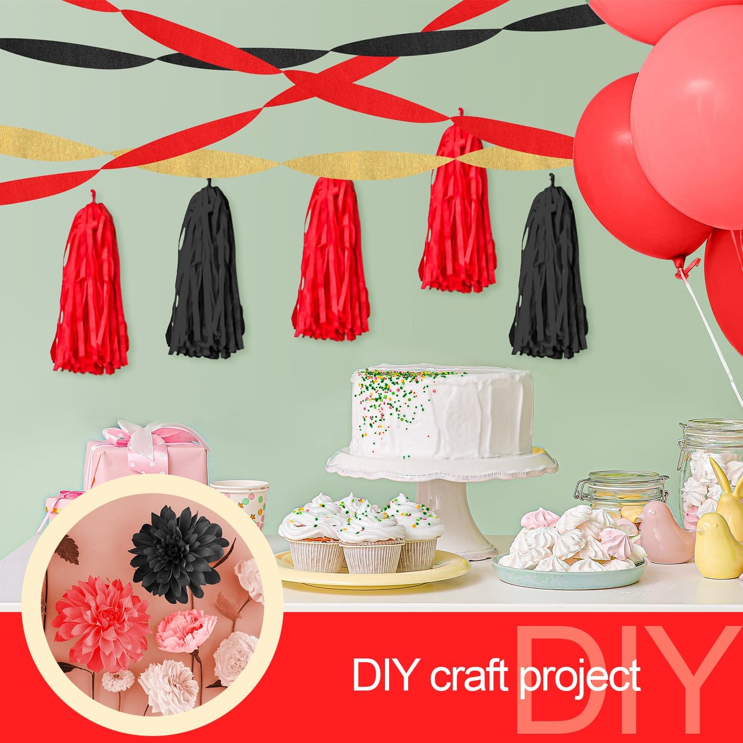 Kisston 10 Rolls Crepe Paper Streamers 820 Ft, Red Gold Black Crepe Paper Decorations for Wedding Ceremony Birthday Party