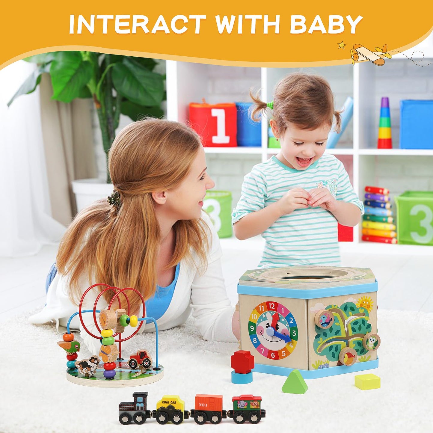 FOPNETS Wooden Activity Cube 9-in-1 Montessori Toys for Toddlers 1+ Years - Educational Learning Gift Bead Maze & Shape Sorter
