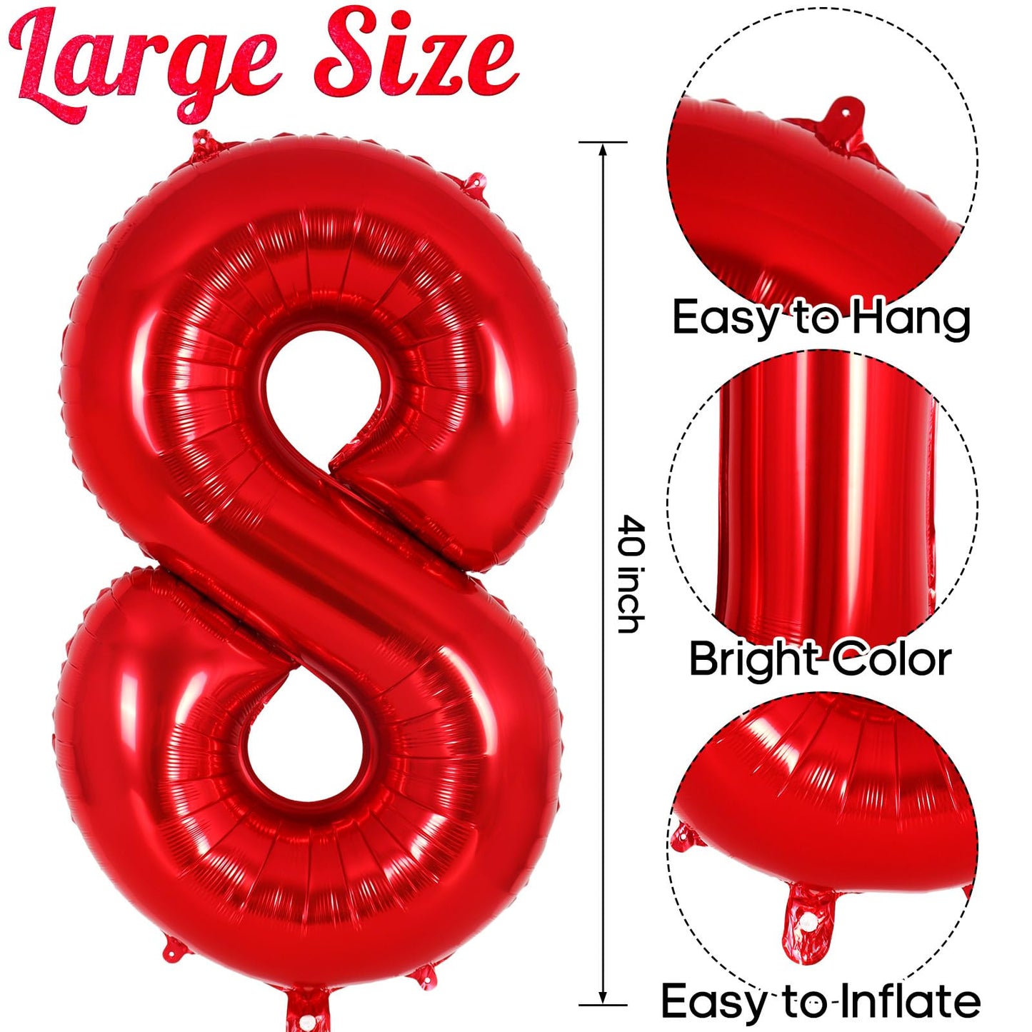 Red Number 8 Balloon 40 Inch, Big Large Foil Helium Number Balloons, Jumbo Giant Mylar Number 8 Balloons For 8 Year Old Birthday