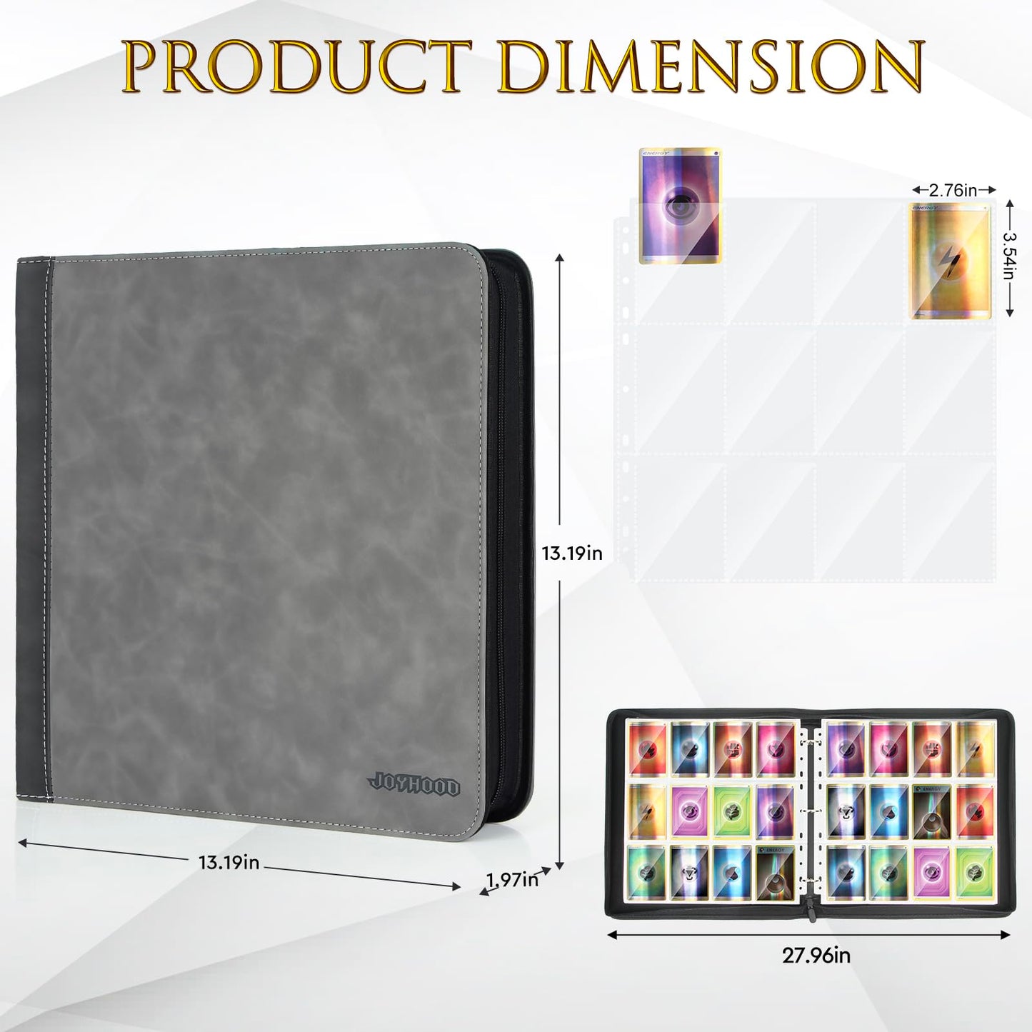 JoyHood Card Binder for Trading Card  Card Collection Binder with 12 Pocket - Hold Up to 960 Cards  Card Album Holder compatible with TCG/PM/MTG/OPCG/YGO Card (Grey  12 Pockets)