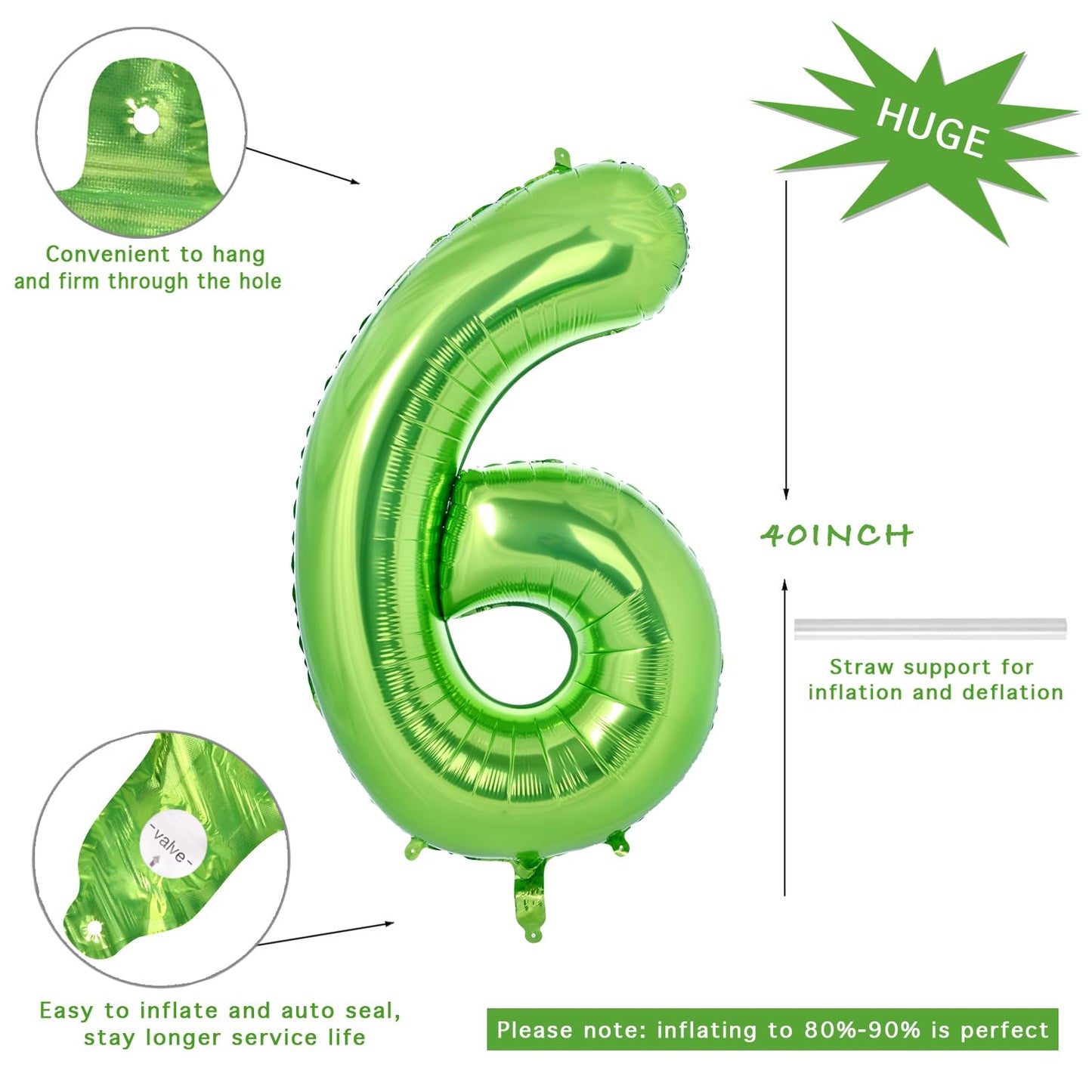 Vonokee 40 Inch Light Green Giant Number Balloons 6, Jumbo Digital Foil Mylar Balloon For Birthday Party Wedding Anniversary Cel