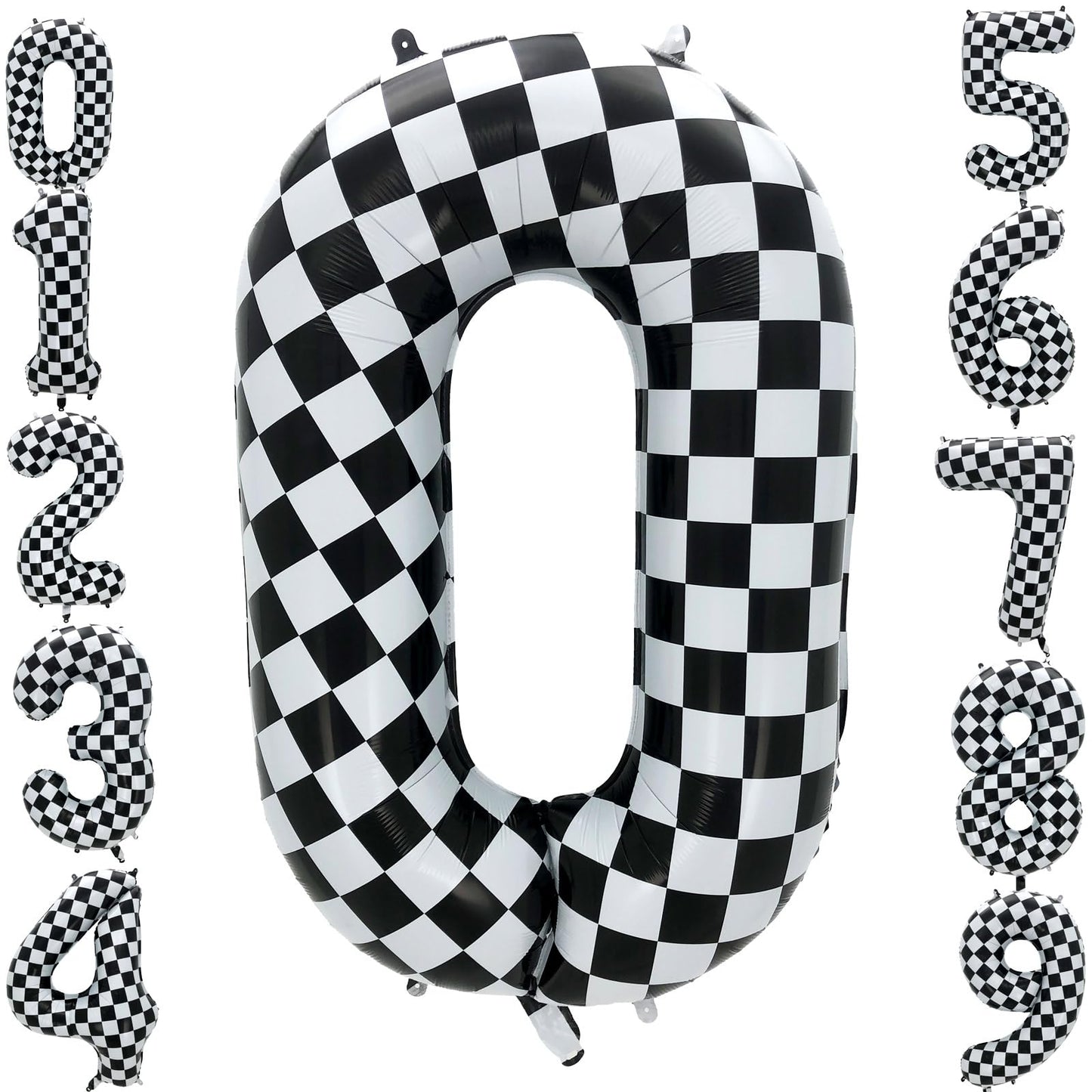 Eoopoon 42 Inch Checkered Number Balloon 0,Large Race Car Birthday Party Supplies for Boys Girls, Foil Black and White Number 0 
