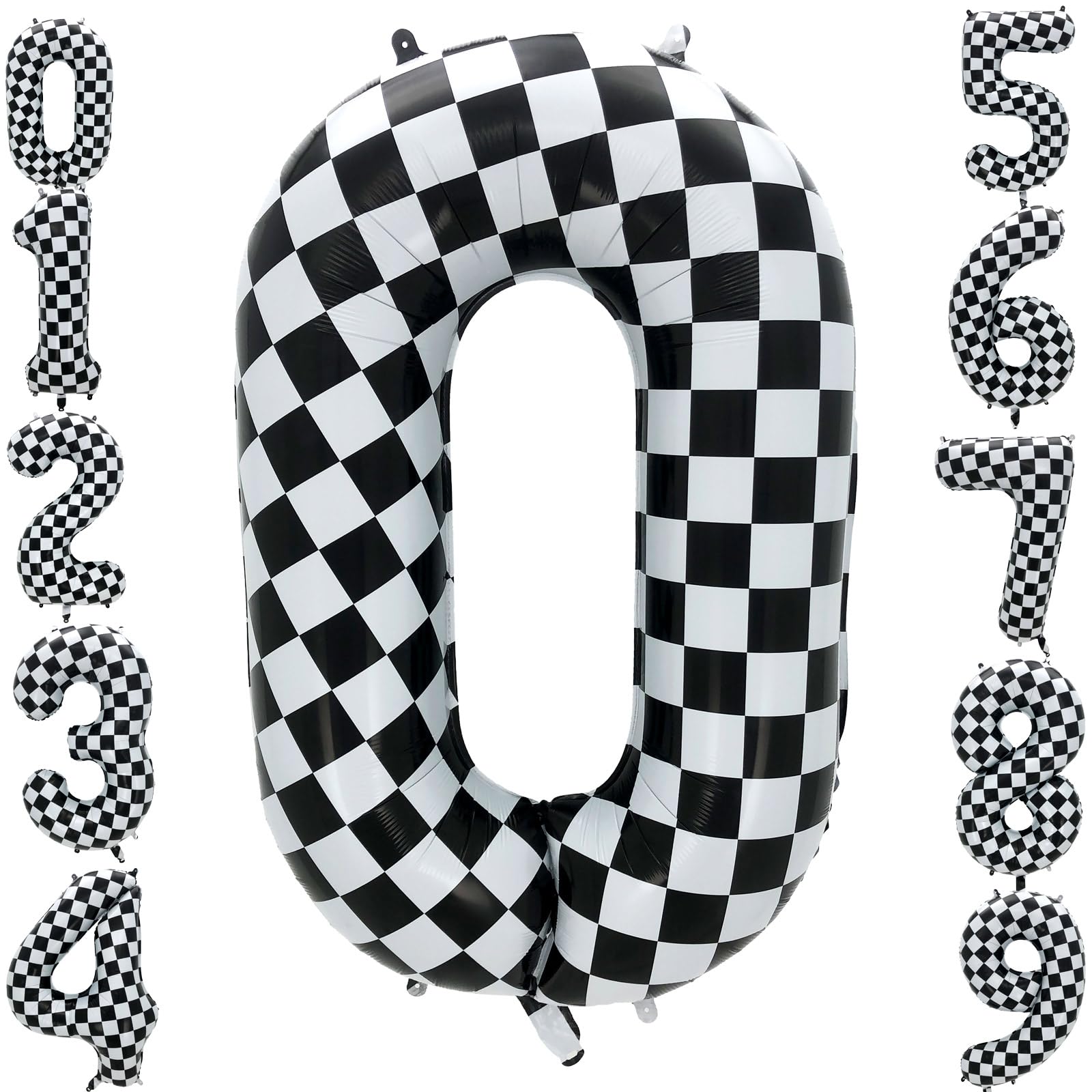 Eoopoon 42 Inch Checkered Number Balloon 0,Large Race Car Birthday Party Supplies for Boys Girls, Foil Black and White Number 0 
