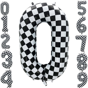 Eoopoon 42 Inch Checkered Number Balloon 0,Large Race Car Birthday Party Supplies for Boys Girls, Foil Black and White Number 0 