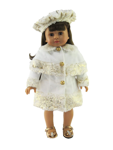 American Fashion World White and Gold Coat for 18-Inch Dolls | Hat Included | enhanced Quality & Trendy Design | Dolls Clothes | Outfit Fashions for Dolls for Popular Brands