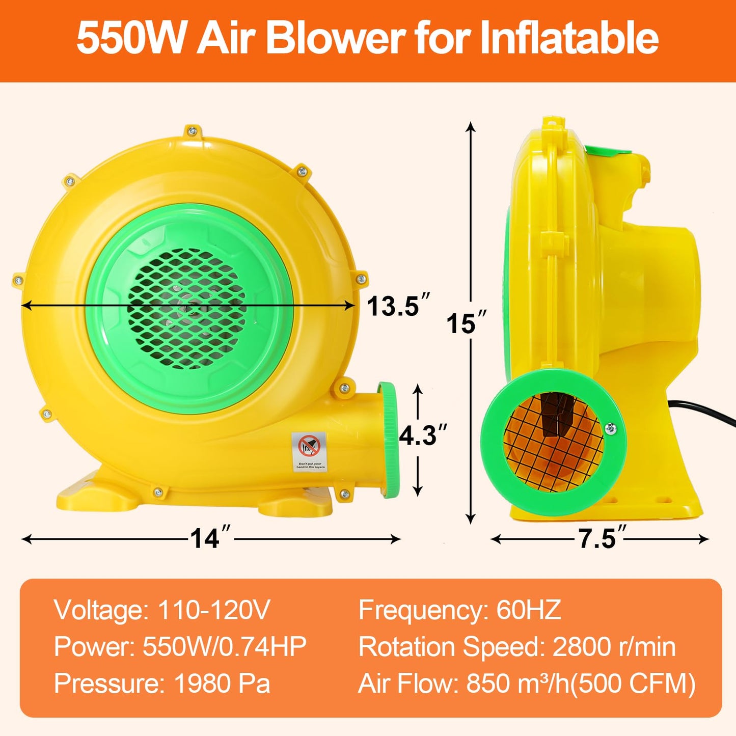 Bounce House Blower  550W 0.73HP Commercial Air Blower with Double-Sided Fan cutting edge Design  Strong Wind and Great Heat Dissipation Properties for Large and Medium Bouncy Castle  Jump Slides  Arch