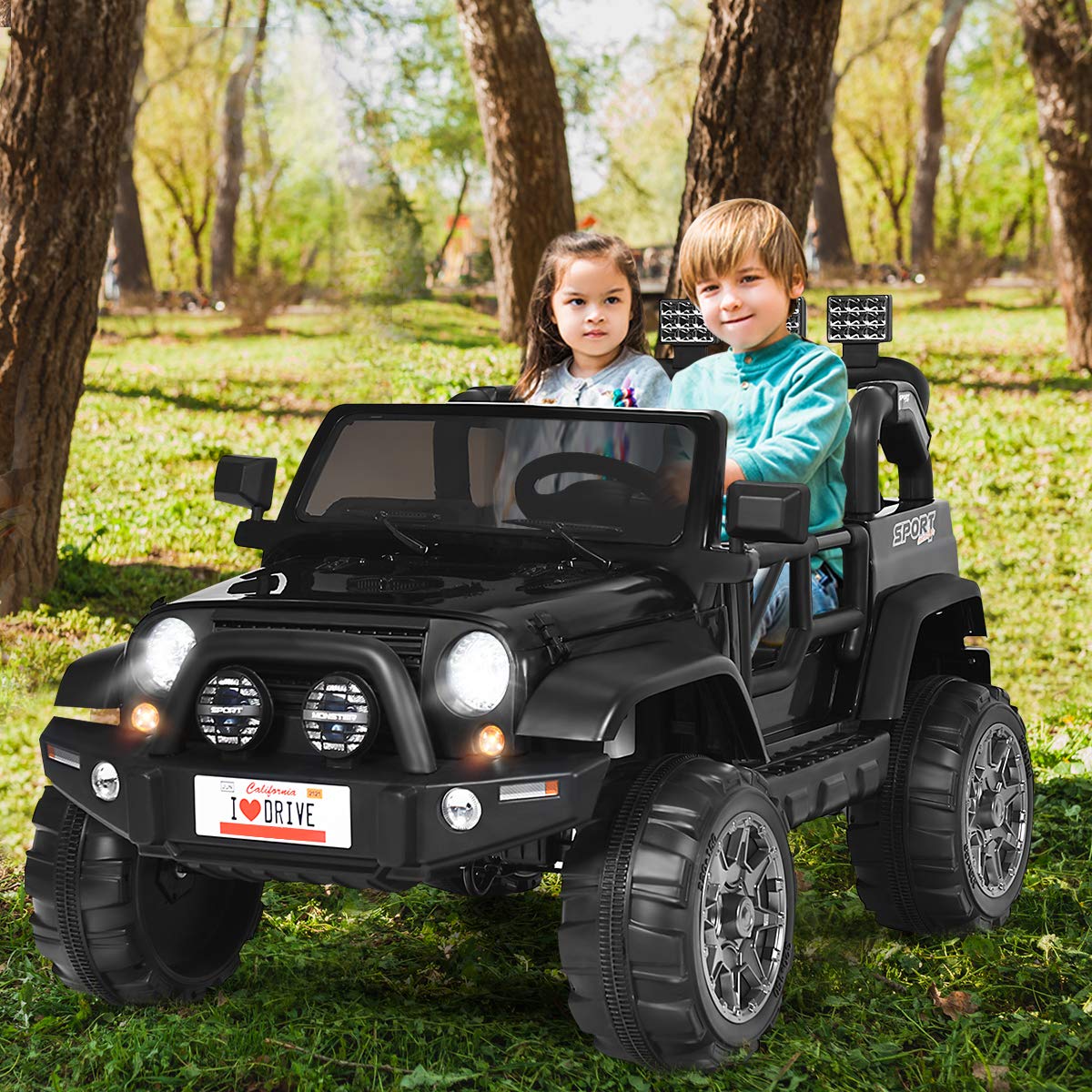 Costzon 2-Seater Ride On Truck, 12V Battery Powered Electric Vehicle Toy W/Remote Control, 3 Speed, Led Lights, Mp3, Horn, Music, 2 Doors Open, Spring Suspension, Ride On Car For Kids (Black)