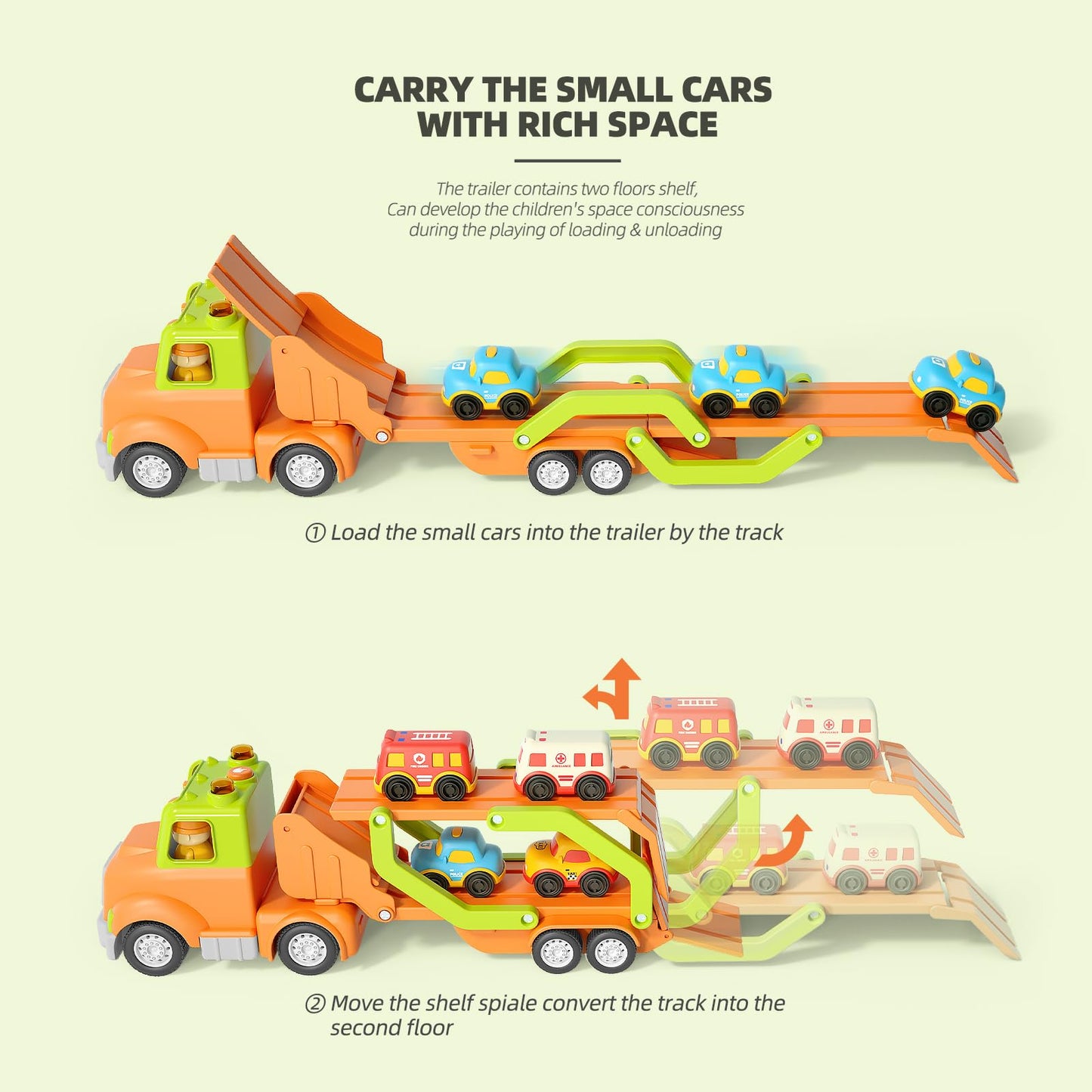Wanborns Car Toys for 18M+ 2 3 4 5 Years Old Kids, 24in Friction Powered Kids Play Truck with 4pcs Small Car, Best Gift Choice f