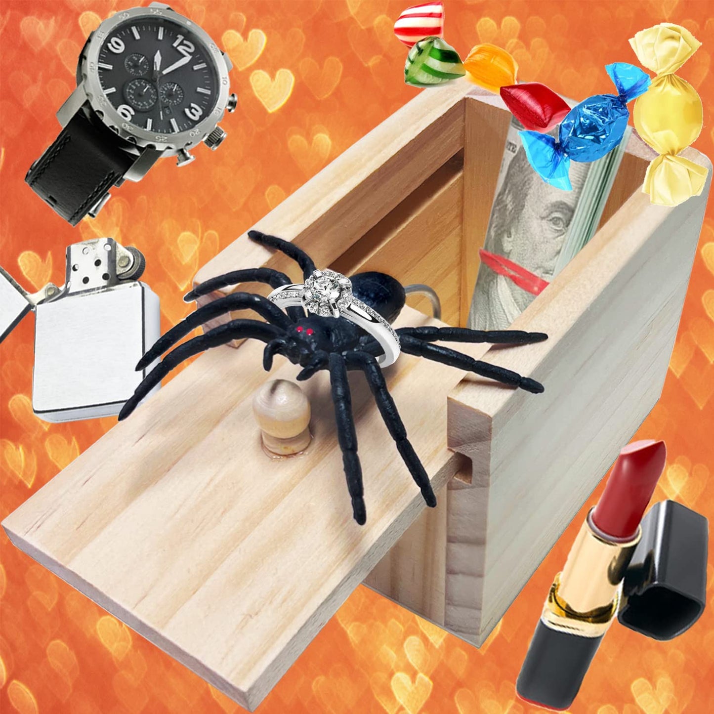 Jishi Spider Prank Box Halloween Gag Gifts, Funny Wooden Surprise Gift Box For Money Cash, Halloween Spider Prank Toys For Kids