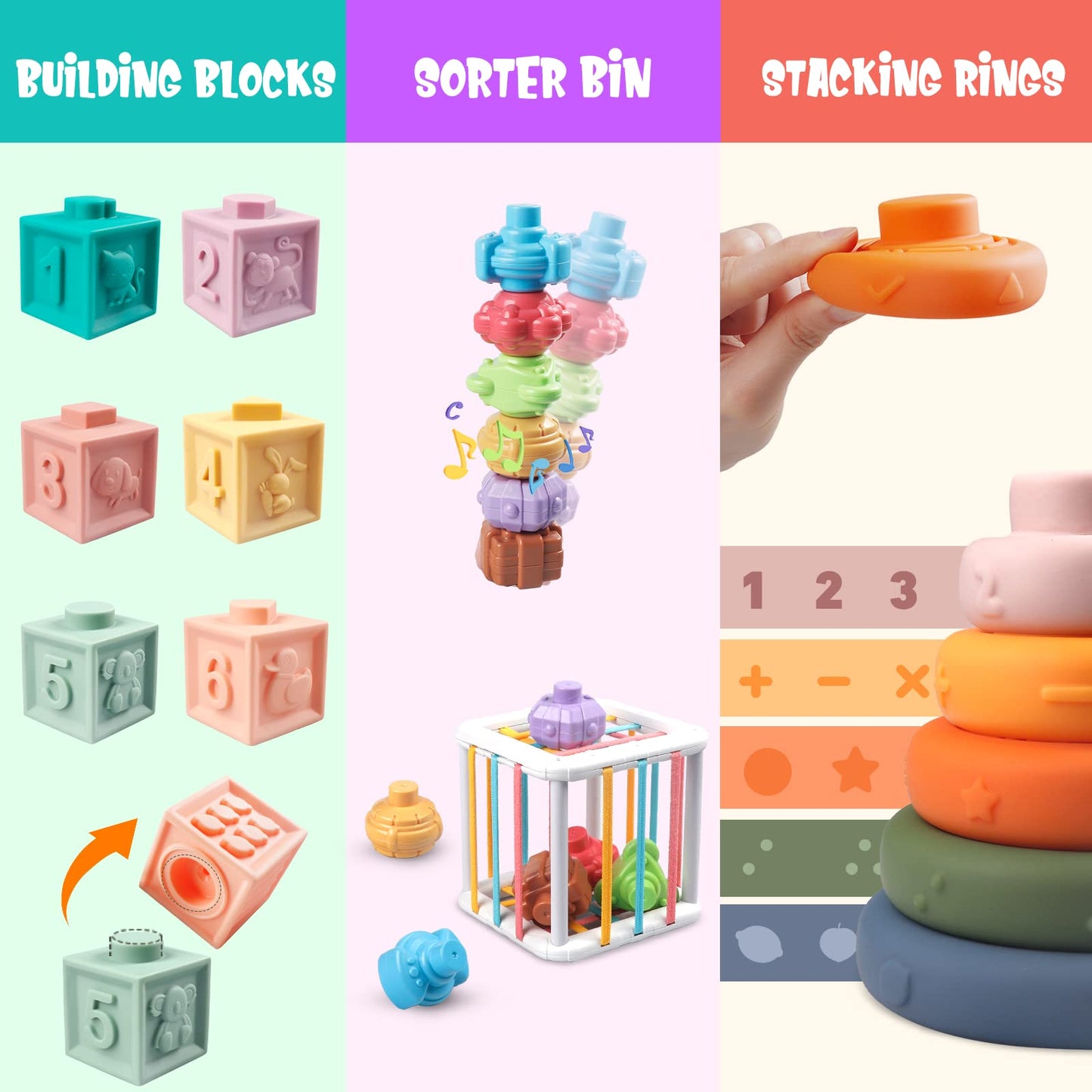6 In 1 Baby Toys 6 To 12 Months, Montessori Toy For Toddlers 1-3, Infant Teething Babies Toy Stacking Blocks Rings Pull String T