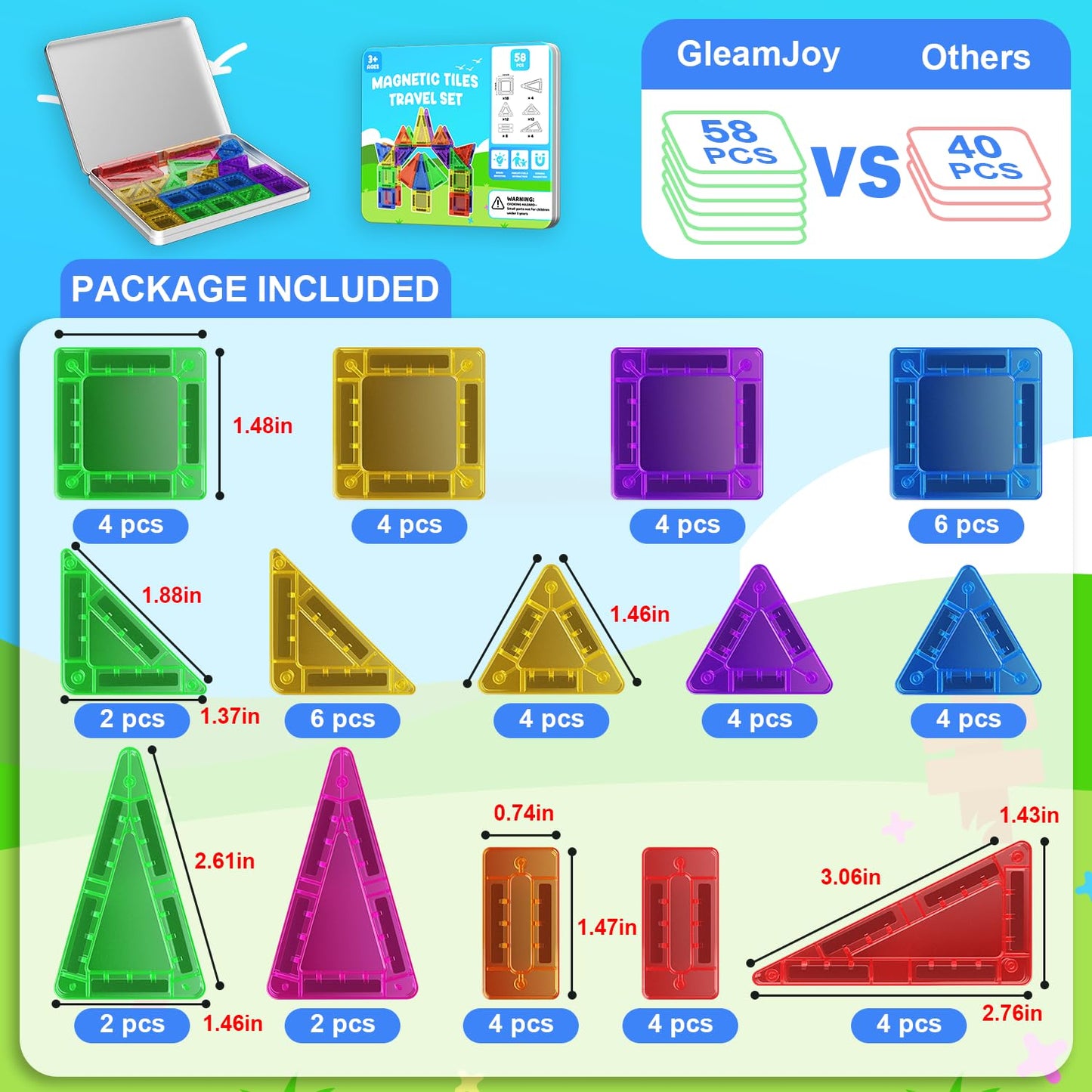 GleamJoy Mini Magnetic Tiles, 58PCS Travel Magnetic Tiles with Iron Box, STEM Educational Construction Toys for Kids Ages 3+, Po