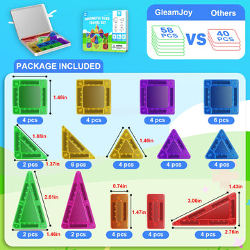 GleamJoy Mini Magnetic Tiles, 58PCS Travel Magnetic Tiles with Iron Box, STEM Educational Construction Toys for Kids Ages 3+, Po