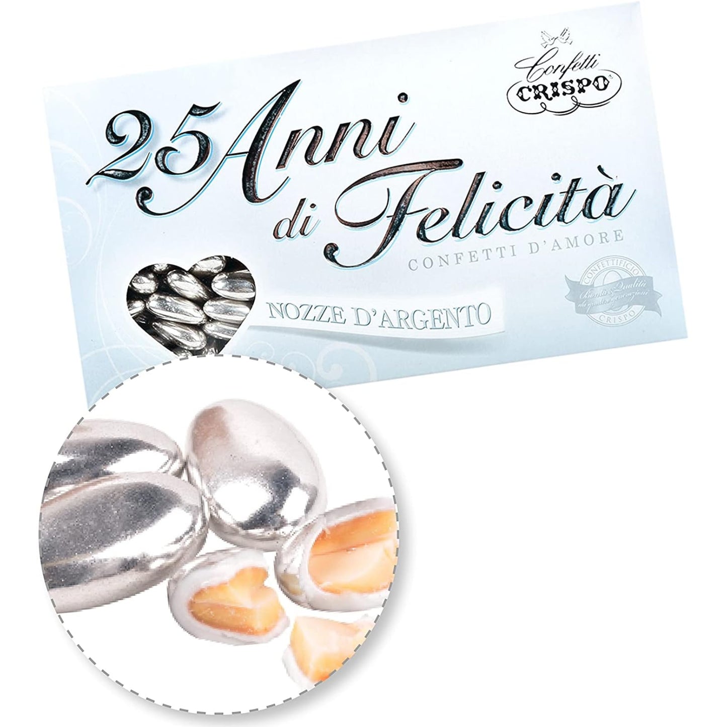 25Th Anniversary Silver Confetti - Jordan Almonds Gift Box - Imported From Italy, 500 Grams