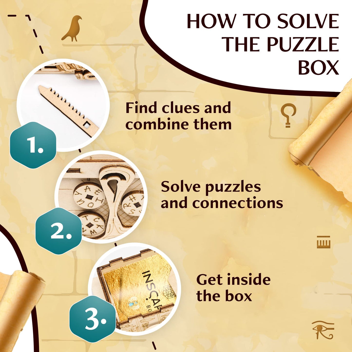 INSCAPE Pharaoh’s Secret Puzzle Box - Wooden Mind Puzzles for Adults - 11x11x10.5 cm - Cluebox with Hidden Compartments - Model INSCAPE-BOX-