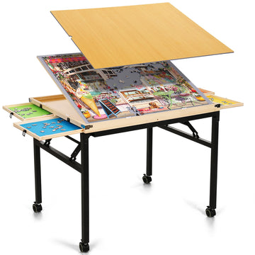 Puzzle Table With Drawers And Folding Metal Legs 1500 Pieces Jigsaw Puzzle Table With Cover 3-Tilting-Angle Portable Wooden Jigs