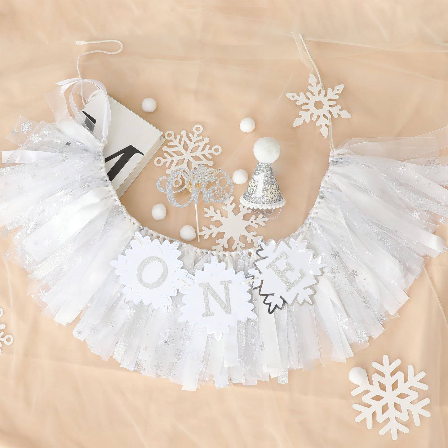 HODIHIWI Snowflakes One First Party Decorations White High Chair Banner 1st Crown Cake Topper 1st Birthday Decor