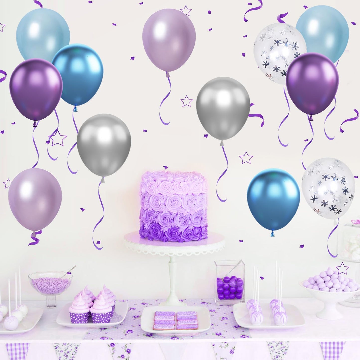 Frozen Balloons, 12 Inch Purple Blue White And Silver Balloons With Snowflake Balloons For Girls Frozen Theme Party Supplies Ice
