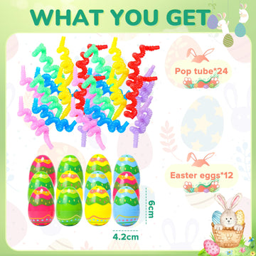 Skirfy 12 Pack Filled Easter Eggs Easter Basket Stuffers For Kids Toddlers With Pop Tubes,Party Favors For Boys Girls