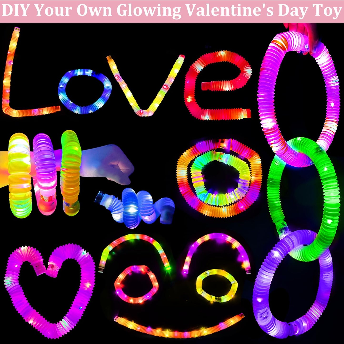 24 Packs Valentine'S Day Gifts For Kids Glow Pop Tubes With Valentine Cards Stress Relief Fidget Toys Valentine'S Party Favors,